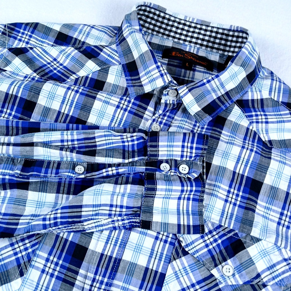 Ben Sherman Mens Shirt Large Long Sleeve Snap Button Flip Cuff Blue Plaid